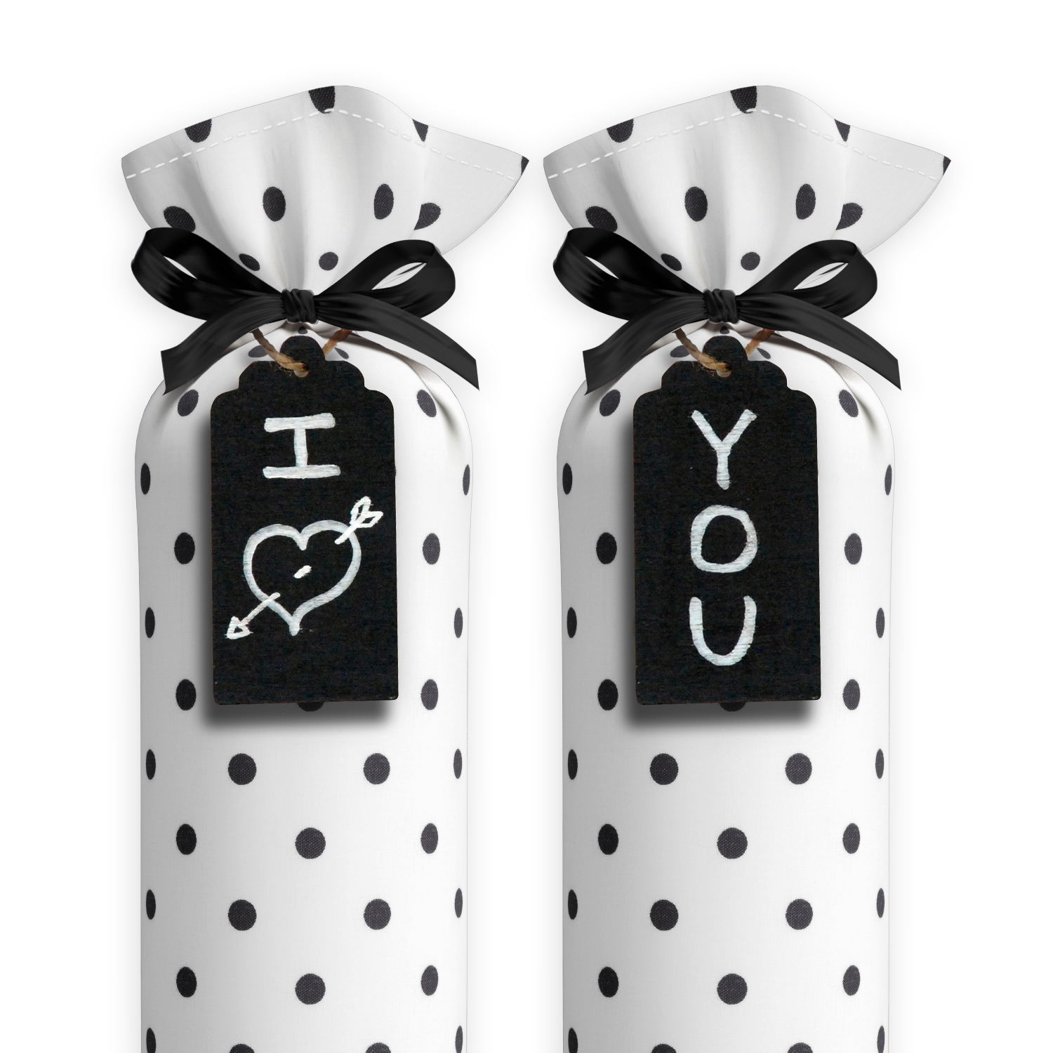 One Pair of 15-inch-tall fabric boot inserts covered in white fabric with black polka dots and with black wooden tags reading "I Love You.” tied around the top of the insert. Any message can be written on the black wooden tags.