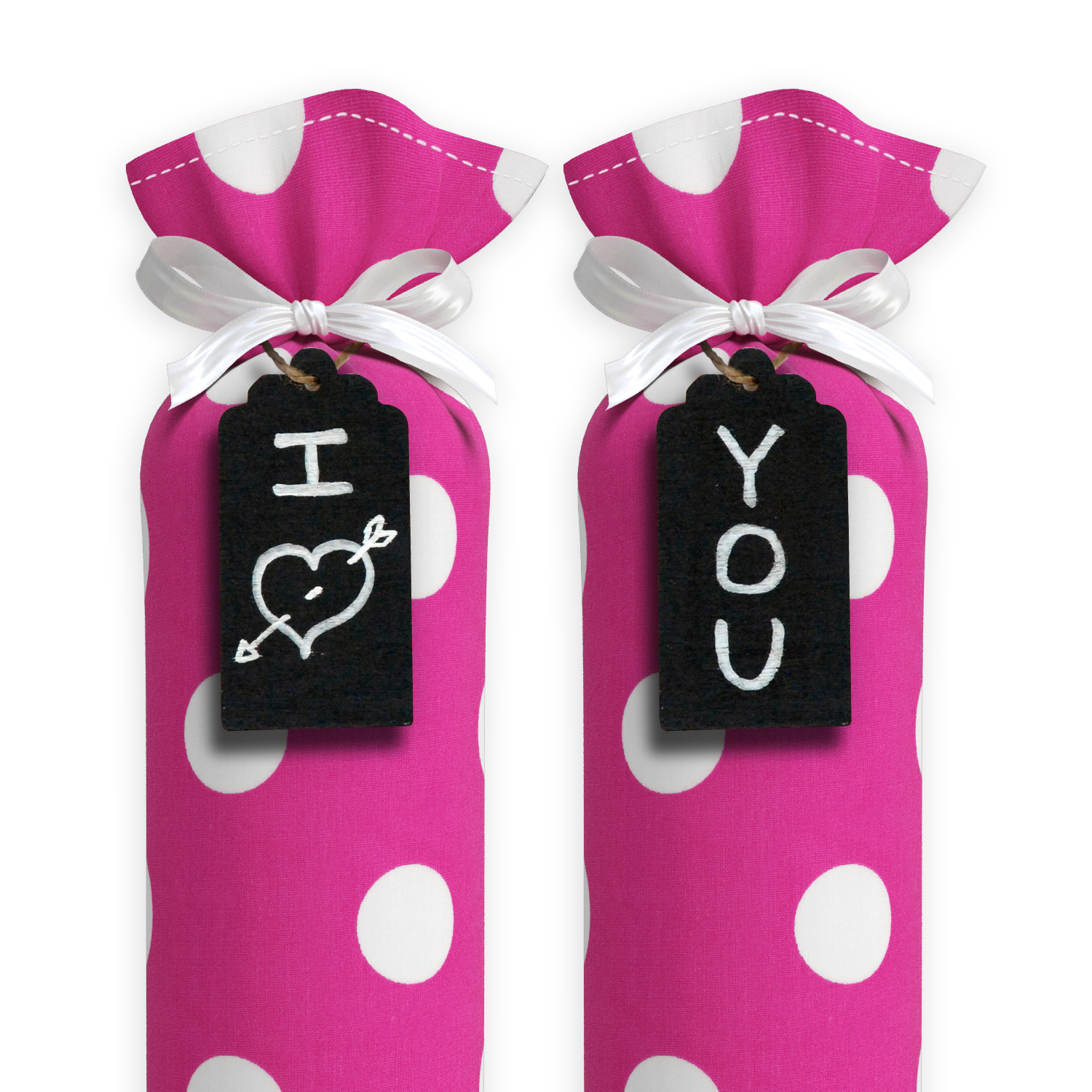 One Pair of 15-inch-tall fabric boot inserts covered in pink fabric with white polka dots and featuring black wooden tags reading "I Love You.” tied around the top of the boot tree. Any message can be written on the black wooden tags.